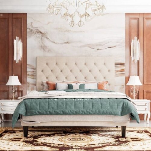 Full Size Beige Linen Upholstered Platform Bed with Button-Tufted Headboard