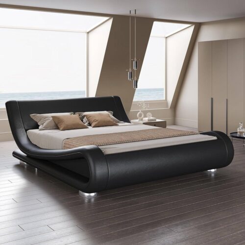 Full Modern Black Upholstered Platform Bed Frame with Sleigh Curved Headboard