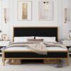 King size Gold Metal Platform Bed Frame with Black Velvet Upholstered Headboard