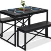 Modern 3-Piece Dining Set – Metal Frame Black Wood Top Table and 2 Bench Chairs