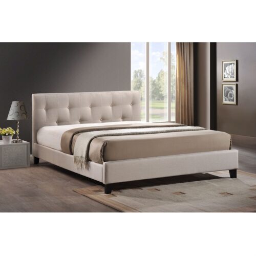 Full size Modern Platform Bed with Beige Fabric Upholstered Headboard