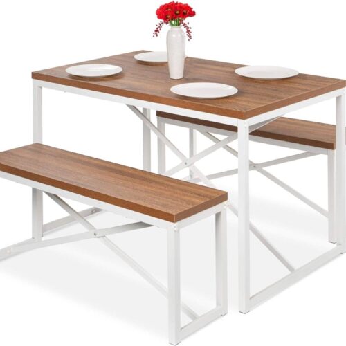 Modern 3-Piece Dining Set Wood Top White Metal Frame Table and 2 Bench Chairs