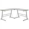 Modern Silver Metal L-Shaped Desk with Glass Top and Floor Glides