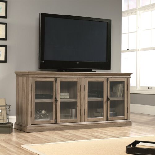 Salt Oak Wood Finish TV Stand with Tempered Glass Doors – Fits up to 80-inch TV