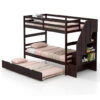 Home Wood Bunk Bed with Guard Rail and 4-step Storage Stairs No Box Spring Needed-Brown