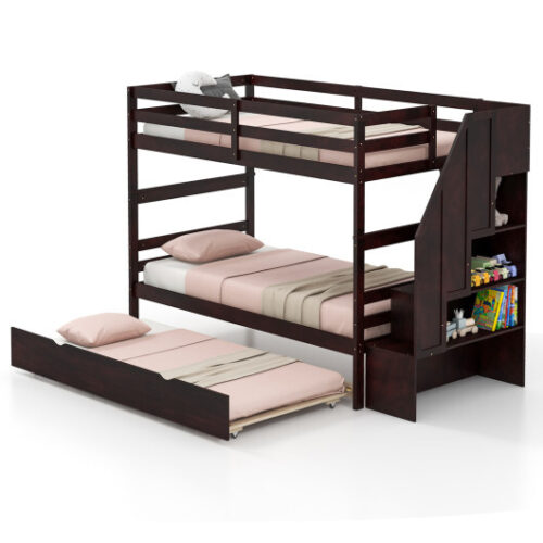 Home Wood Bunk Bed with Guard Rail and 4-step Storage Stairs No Box Spring Needed-Brown