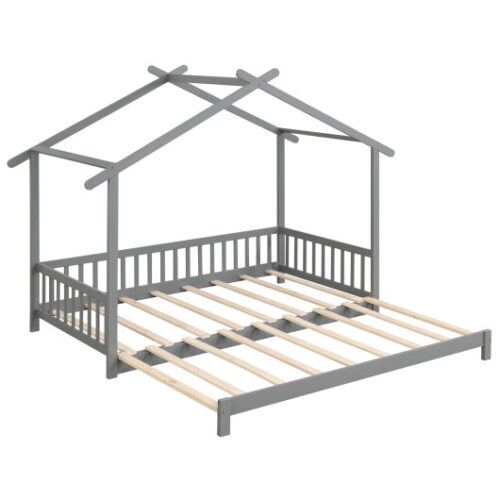 Extendable House Bed Twin to King Daybed with Roof and Fence Rails-Gray