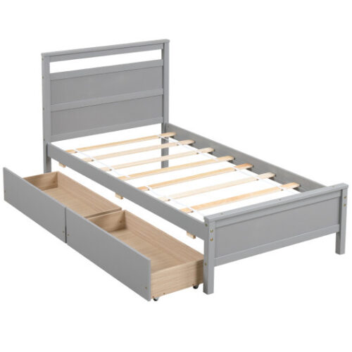 Twin Size Wooden Bed Frame with 2 Drawers for Teens and Adults-Gray