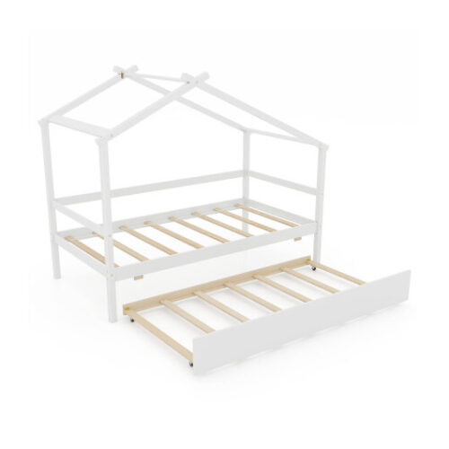 Kids Twin Size House Bed with Trundle and Roof-White