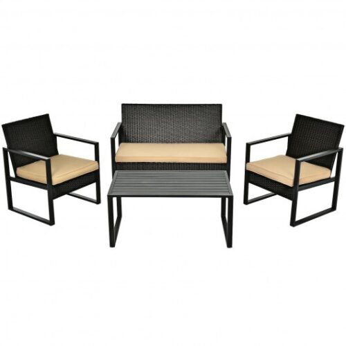 4 Pieces Patio Rattan Furniture Set with Seat Cushions and Coffee Table