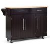 Kitchen Island Trolley Wood Top Rolling Storage Cabinet Cart with Knife Block-Black