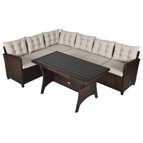 3 Pieces Hand-Woven Rattan Outdoor Sofa Set with Dining Table