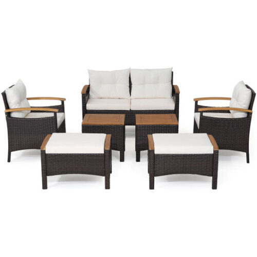 7 Piece Rattan Patio Sofa Set with Acacia Wood Tabletop and Armrests