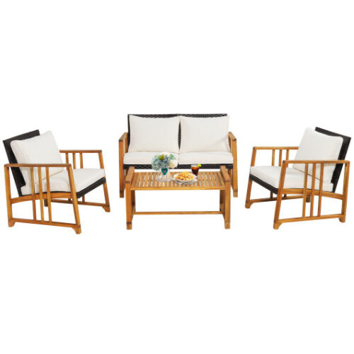 4 Pieces Patio Rattan Conversation Set with Seat and Back Cushions-Off White