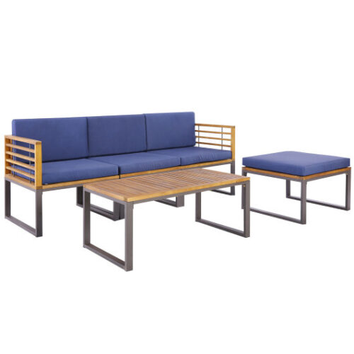 5-Piece Patio Acacia Wood Chair Set with Ottoman and Coffee Table-Navy