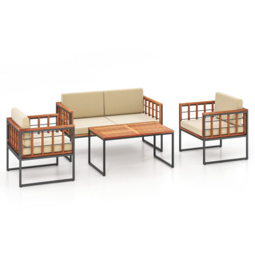 4 Pieces Acacia Wood Outdoor Sofa Set for Balcony  Porch  Backyard  Poolside