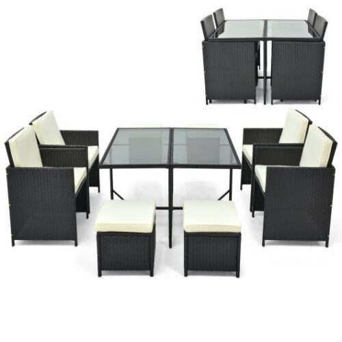 9 PCS Outdoor Dining Furniture Set with Tempered Glass Table and Ottomans-White