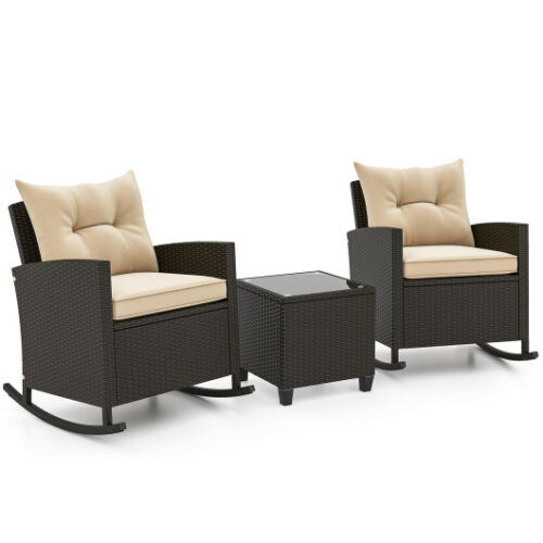 Patio Rattan Roker Chairs with Tempered Glass Table and Soft Cushions for Backyard  Poolside Porch-Beige