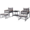 5 Piece Outdoor Rattan Conversation Set with 2-Layer Side Table and 2 Ottomans-Gray