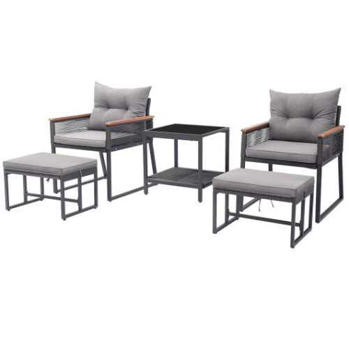 5 Piece Outdoor Rattan Conversation Set with 2-Layer Side Table and 2 Ottomans-Gray