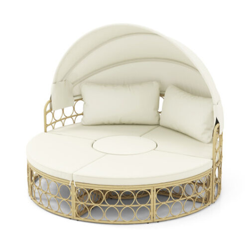 Outdoor Patio Round Daybed with Retractable Canopy and Soft Cushions-White