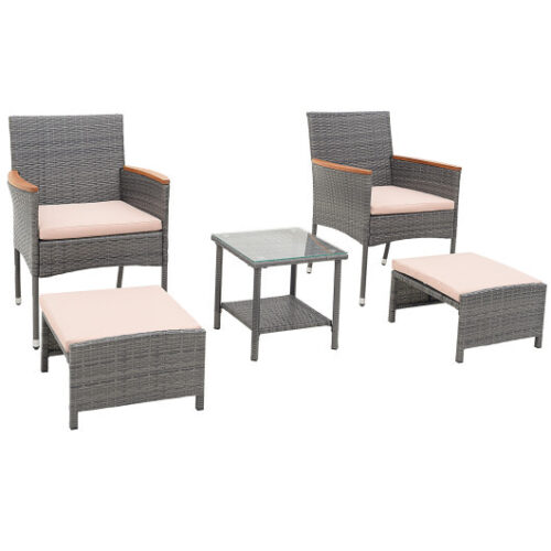 5 Pieces Patio Conversation Set with Soft Cushions and Ottomans-Beige