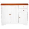 White Wood Sideboard Buffet Cabinet with Walnut Finish Top and Knobs