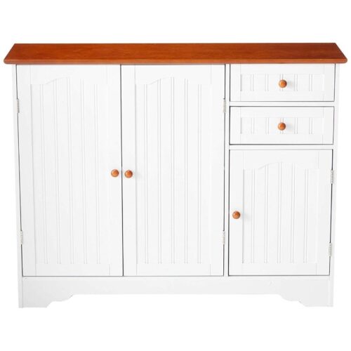 White Wood Sideboard Buffet Cabinet with Walnut Finish Top and Knobs