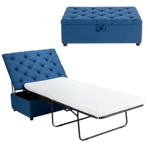 Folding Ottoman Sleeper Bed with Mattress for Guest Bed and Office Nap-Blue