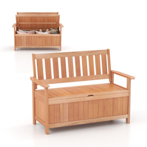 48 Inch Patio Wood Storage Bench with Slatted Backrest