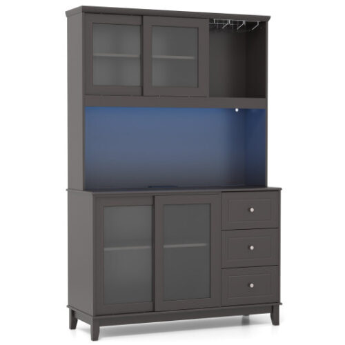 Kitchen Pantry Storage Cabinet Kitchen Hutch with LED lights and Power Outlet-Dark Brown