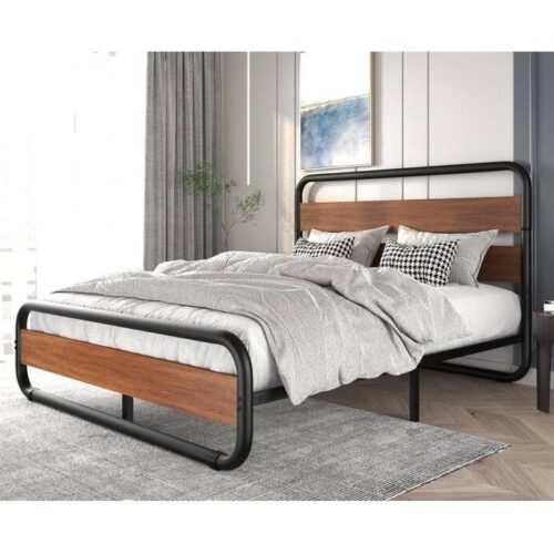 King size Heavy Duty Industrial Modern Metal Wood Platform Bed Frame with Headboard