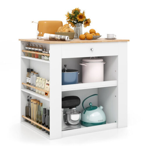 Modern Kitchen Island with Rubber Wood Countertop and Storage-White