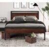 King Metal Platform Bed Frame with Mahogany Wood Panel Headboard Footboard