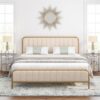 King size Gold Metal Platform Bed Frame with Off-White Upholstered Headboard