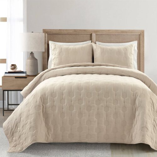 King/California King size Lightweight Beige Textured Cotton 3 Piece Quilt Set