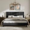 King size Modern Black Velvet Upholstered Platform Bed with Headboard