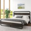 King Heavy Duty Round Metal Frame Platform Bed with Black Wood Panel Headboard