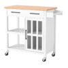 White Kitchen Island Cart with Wood Top Storage Cabinet and Locking Casters