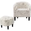 Letter Print French Upholstered Barrel Chair and Ottoman Set