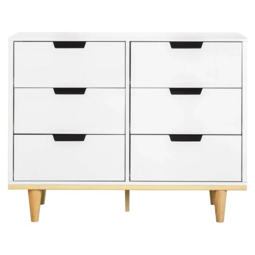 Modern Mid-Century Style 6-Drawer Double Dresser in White Natural Wood Finish