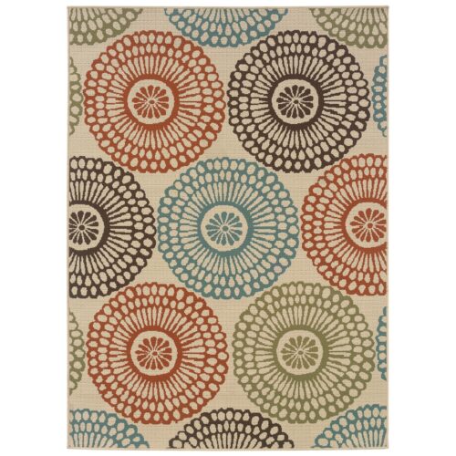 7’10” x 10’10” Indoor / Outdoor Beige Area Rug with Colorful Circle Pattern