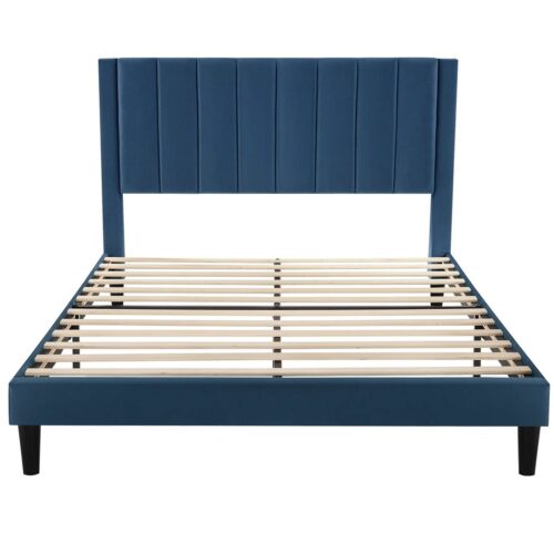 Queen size Modern Navy Blue Velvet Upholstered Platform Bed with Headboard