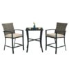 3 Pieces Patio Rattan Bar Furniture Set with Slat Table and 2 Cushioned Stools-Gray