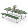 6 FT Picnic Table Bench Set Dining Table and 2 Benches with Metal Frame and HDPE Tabletop-Green