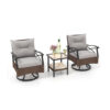 3 Pieces Outdoor Swivel Rocking Chairs Set with 2-Tier Tempered Glass Side Table-Brown