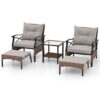 5 Pieces Wicker Patio Furniture Set Ottomans and Cushions and 2-Tier Tempered Glass Side Table-Brown