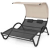 Outdoor Double Chaise Lounge Chair with Sunshade Canopy and Headrest Pillows-Black