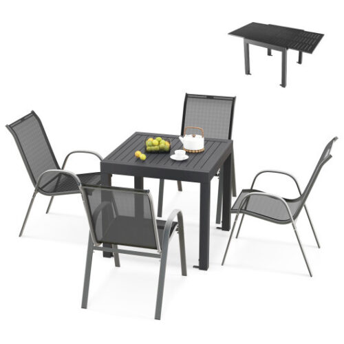 Outdoor Dining Table Set with Extendable Aluminum Table and 4 Stackable Chairs