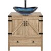 Farmhouse Wood Finish Bathroom Vanity w/ Blue Glass Sink Black Faucet and Drain